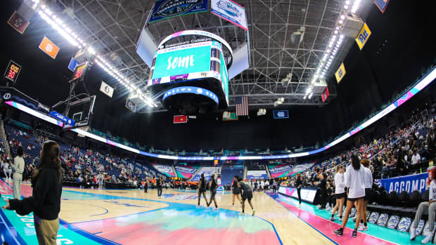 A view from courtside during the Virginia women's basketball game against Wake Forest in the first round of the 2024 ACC Women's Basketball Tournament at Greensboro Coliseum.